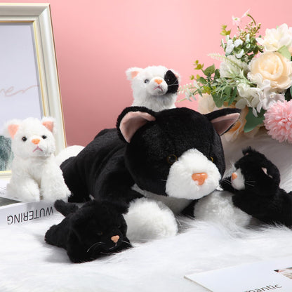 Skylety 5 Pieces Cat Stuffed Animal with Babies Inside Belly Plush Cat Pregnant Mommy Kitty with 4 Cute Fluffy Stuffed Kittens Christmas Birthday Surprise Gifts(Black, White)