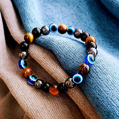 WEFRIN Evil Eye with Hematite Black Obsidian Tiger Eye Stone Triple Protection Bracelets for Men Women, Crystal Jewelry Stone Bracelets Bring Luck and Prosperity and Happiness (C)