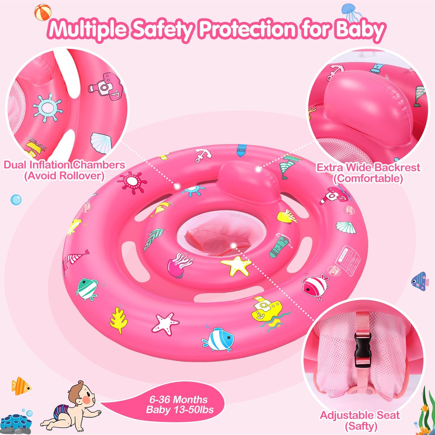 Baby Pool Float with Canopy, Inflatable Baby Swim Float with UPF50+ Sun Protection, Toddler Infant Pool Float with Toy Play Console Adjustable Safety Seat for Kids Girls Boys Aged 6-36 Months