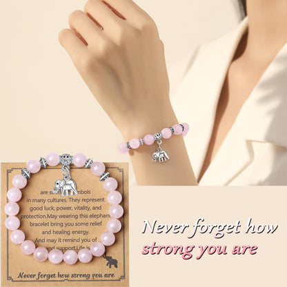 MAIBAOTA Rose Quartz Bracelet for Women, Pink Bracelet, Rose Quartz Crystals Stone Beaded Bracelets, Elephant Round Gemstones Stretch Bracelet, Crystal Jewelry Gifts for Women Mom