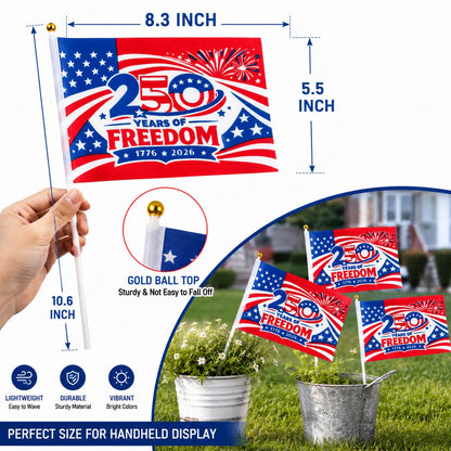 America 250th Anniversary Stick Flags 25/50 Pack – 1776-2026 Patriotic Hand Held American Flags, Small Mini USA Flags for Parade, Party, Classroom, Memorial Day, Independence Day & July 4th Decorations (50)