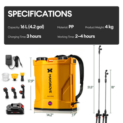MAYGROVE 4.2 Gal Electric Backpack Sprayer, 2-4h of Continuous Spray, Equipped with Adjustable Wand & 5 Nozzles, Auto Spraying for Garden, Lawn Care, Fertilizing & Weed Control (Battery Included)