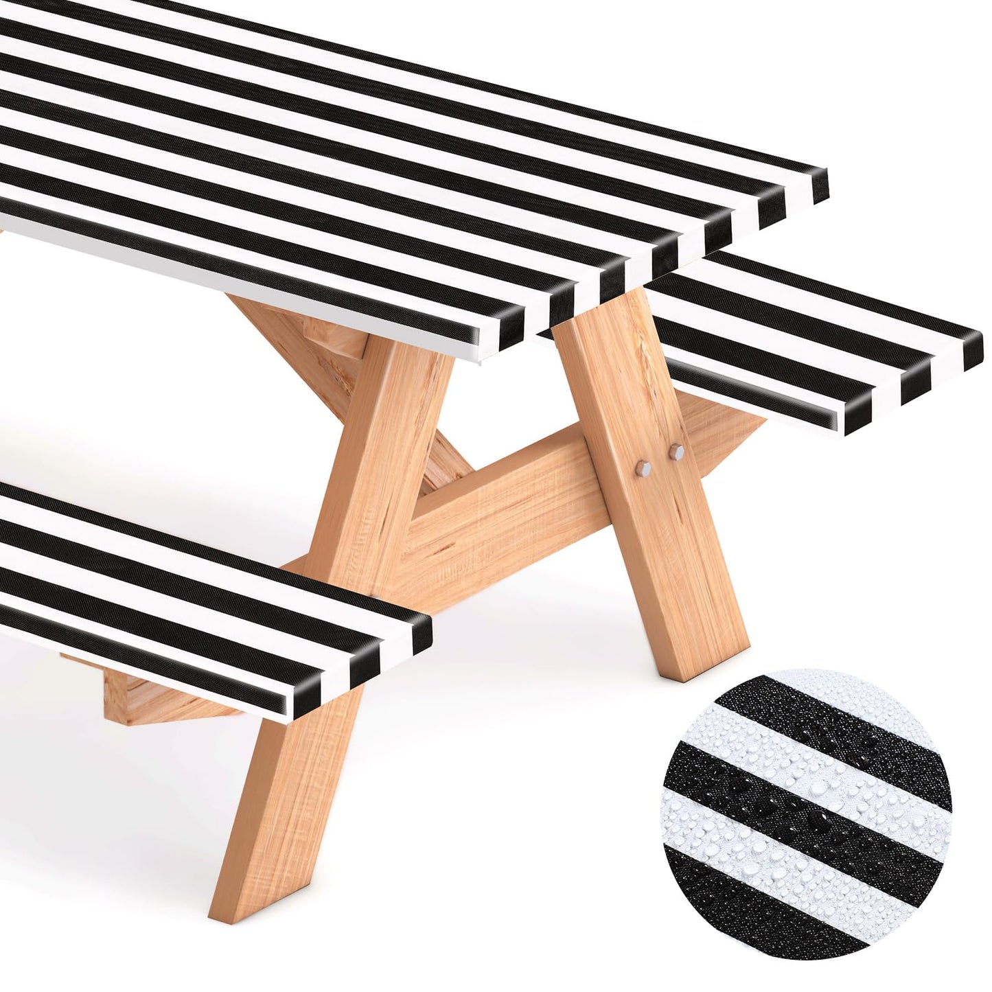 SmoothNovelty Picnic Table Cover with Bench Covers 72 x 30 Inch Waterproof Elastic Fitted Outdoor Stripe Tablecloth for 6 ft Rectangle Tables, School Camping Accessories Park(Black and White)
