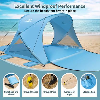 AugFir Beach Tent Sun Shelter, Beach Tent with Beach Mat Set, 4 Person Portable Beach Shade Canopy with UPF 50＋ UV Protection, Dual-Door Ventilation Design, Easy Setup Family Beach Umbrella (Blue)