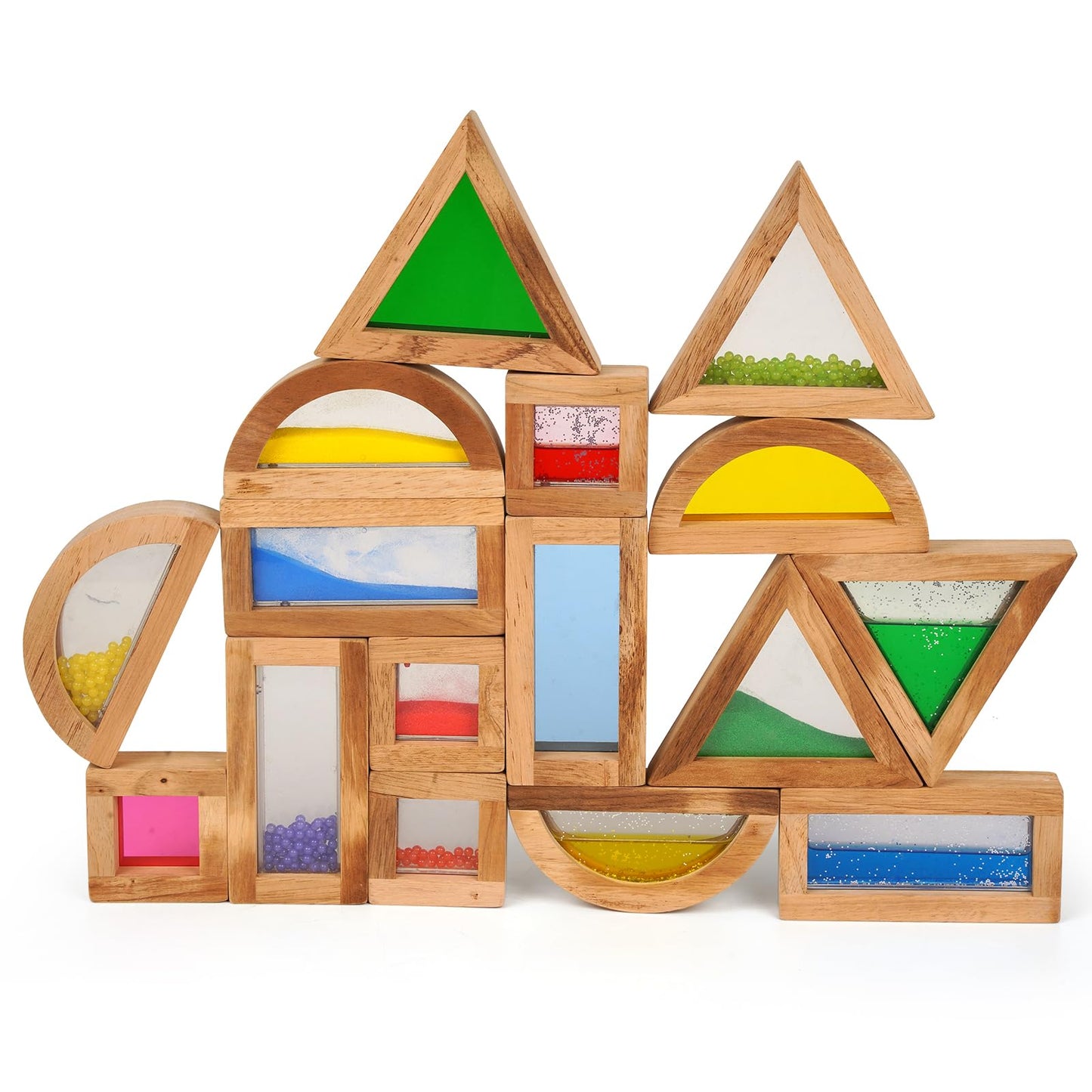 AXEARTE Large Rainbow Wooden Building Blocks for Toddlers Baby Kids, 16 Pcs Colorful Geometry Stacking Construction Toy Set Sensory Toys, Preschool Educational Toy for Boys & Girls