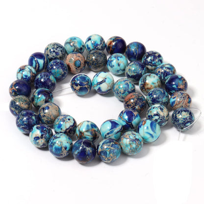 35pcs 10mm Natural Mixed Blue Imperial Jasper Gemstone Beads Energy Healing Crystal Round Loose Stone Beads for Jewelry Making, DIY Bracelets Necklaces