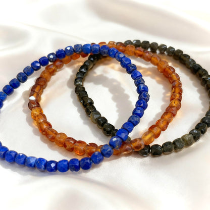 3Pcs Natural 5A Crystal Gemstone Bracelet for Women and Teens | 4mm Icosahedron Shape Healing Energy Charged Quartz Stone Beads (Protection Pack (Lapis Lazuli, Orange Garnet, Golden Obsidian))