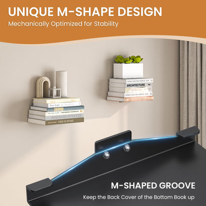 Fun Memories Invisible Floating Bookshelves for Wall, 4 Tier Vertical Spine Book Tower, Heavy Duty Floating Book Shelves Metal Book Organizers for Home Office, 2 Pack, Black