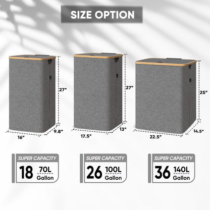 BALEINE Laundry Hamper with Lid, Tall Laundry Baskets with Bamboo Pull Handles, Large Laundry Bin with Internal Support (26 Gal/100L, Beige)