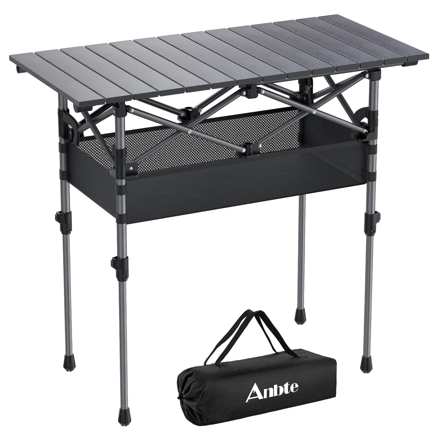 Anbte 3ft Aluminum Roll Top Camping Table, 2 Adjustable Height Camping Table Folding with Storage Net & Bag Lightweight Roll Up Table for Tailgate Outdoor Backyard BBQ Patio Picnic, 32.2” X 16”, Black