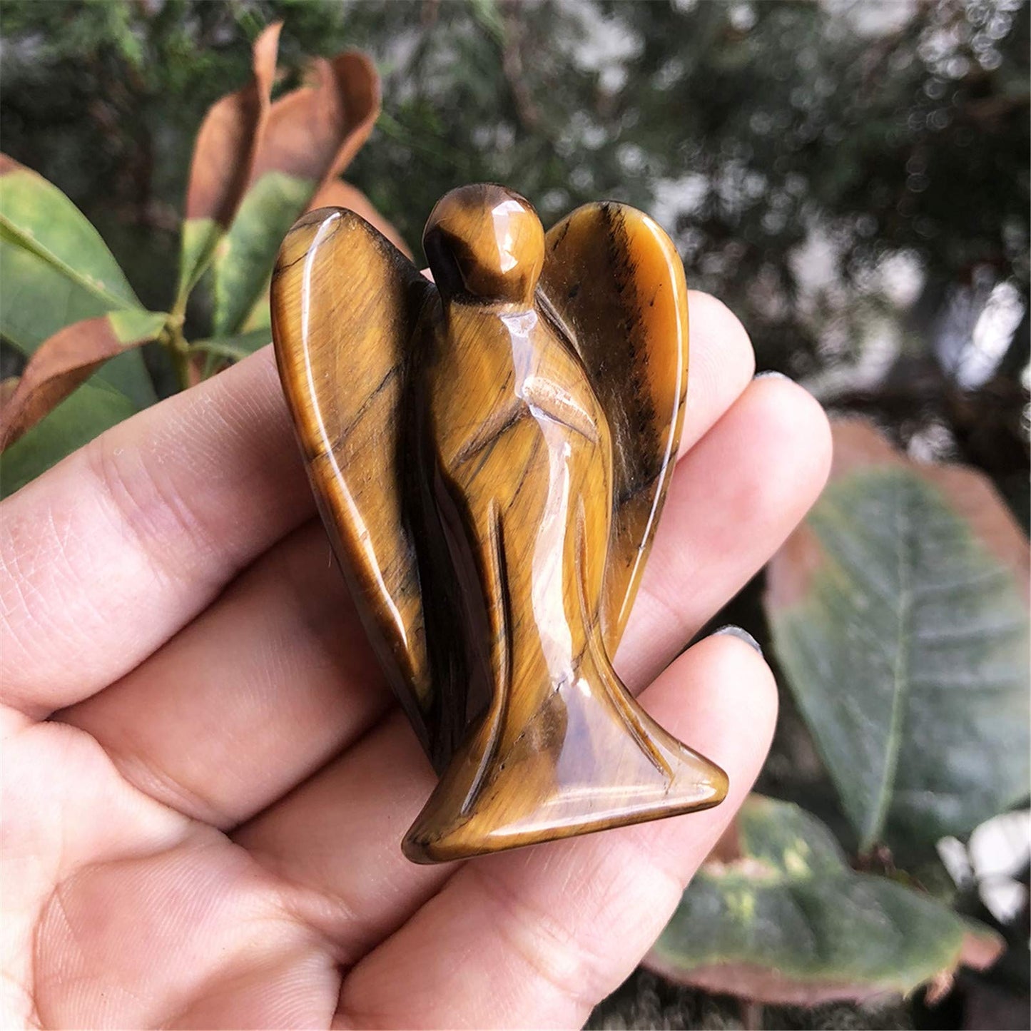 favoramulet 2 Inches Tiger's Eye Stone Crystal Pray Guardian Angel Statue, Carved Healing Peace Angel with Wing Figurine Pocket Stone
