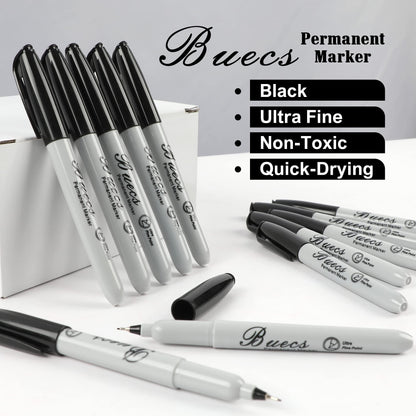 Buecs Permanent Markers, 60 Count Ultra Fine Point Black Permanent Markers, Works on paper, Plastic, Stone, Glass, Metal