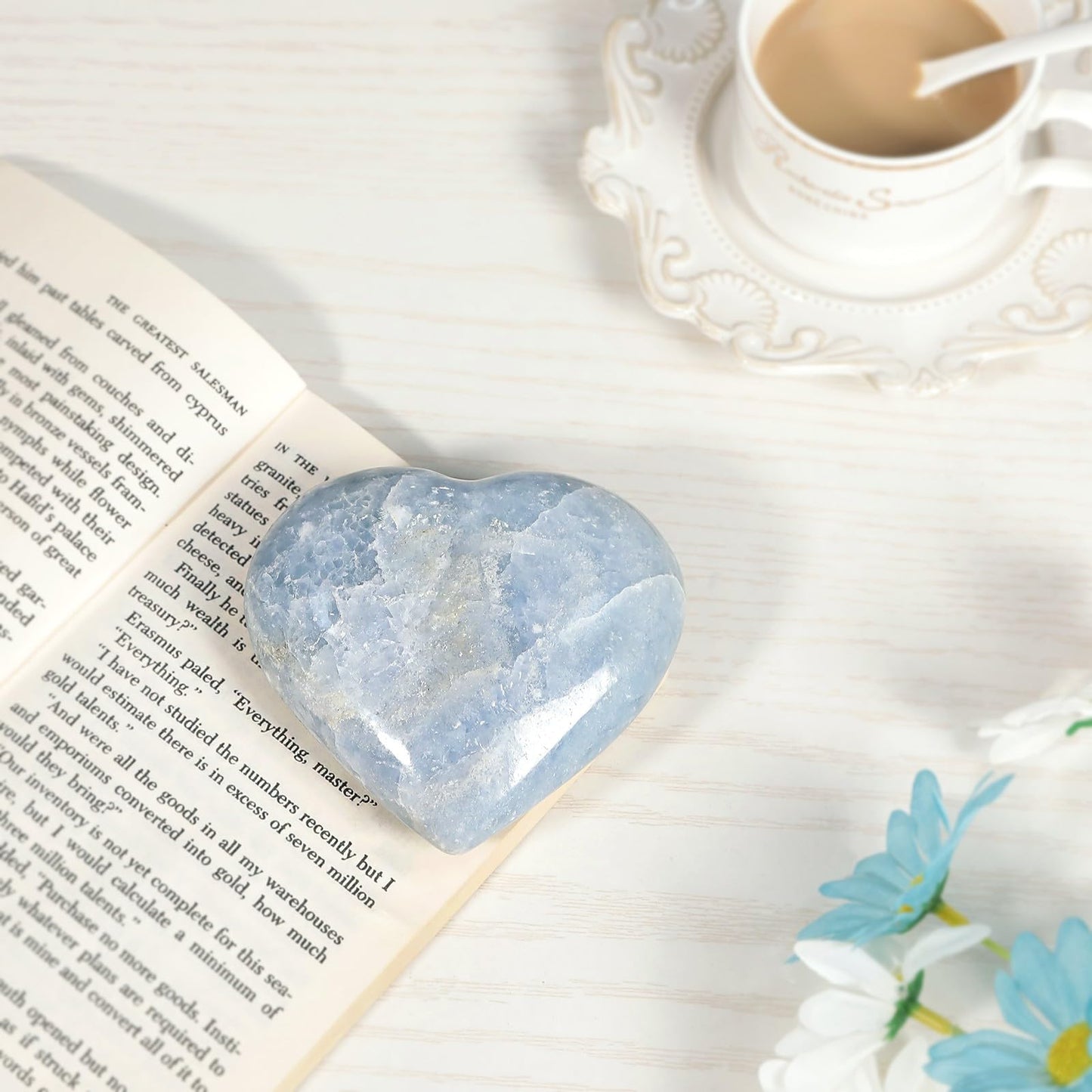 mookaitedecor Natural Blue Celestite Crystal Heart Shaped Stone, Polished Celestine Puff Hearts Crystals Ornament for Healing Home Decor Collectible, 3.97-4.33 Inch