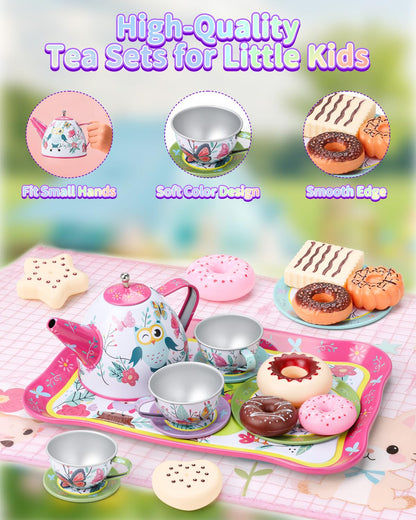 KONYXALU Updated Princess Tea Party Set for Little Girls & Boys - Toddler Tea Set with Dessert & Carrying Case- Immersive Tea Culture Discovery Set -Learn & Play Kids Tea Sets - Ultimate Gift Choice