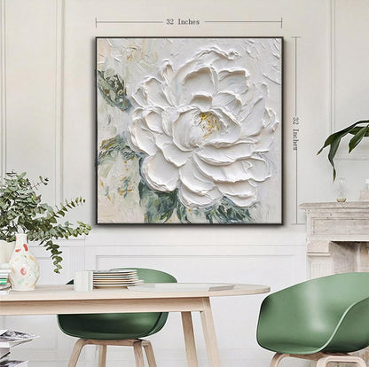 Hand Painted White Flower Oil Painting for Kitchen, Large 3D Floral Canvas Wall Art for Living Room, Framd Modern Wall Decor for Bedroom,Office Home Decor 32" x 32"
