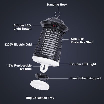 Bug Zapper Outdoor/Indoor,Mosquito Zapper 4200V High Powered Waterproof Electronic Mosquito Killer,15W UVA Mosquito Lamp Bulb,Fly Traps Patio Insects Killer (Black and White) (Dark Black)