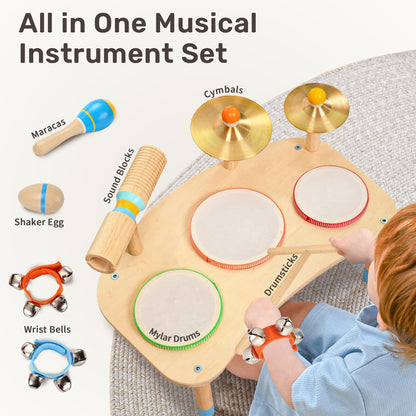 WINGYZ 11-in-1 Toddler Drum Set-Wooden Baby Musical Instruments & Montessori Musical Toys for Toddlers 1-3, Music Table with Bongo Drums, Cymbals, Maracas & Wrist Bells for Early Rhythm Play