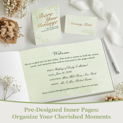 Guest Book for All Occasions – Sage Green Linen Hardcover with Gold Foil, 120 Acid-Free Blank Pages, Includes Table Sign & Welcome Card | 8.66x6.69" Sign-In Book for Wedding, Garden Party & More