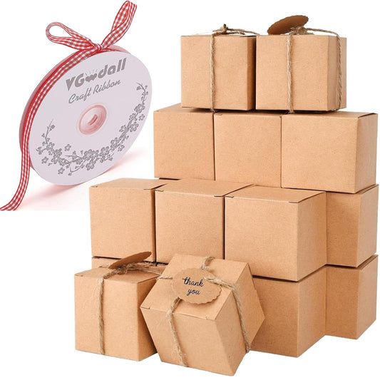 VGOODALL DIY Gift Box Decorating Kit, 50 Mini Kraft Favor Boxes with Tags & 50 Yds Red Gingham Ribbon for Wedding Birthday Party Supplies