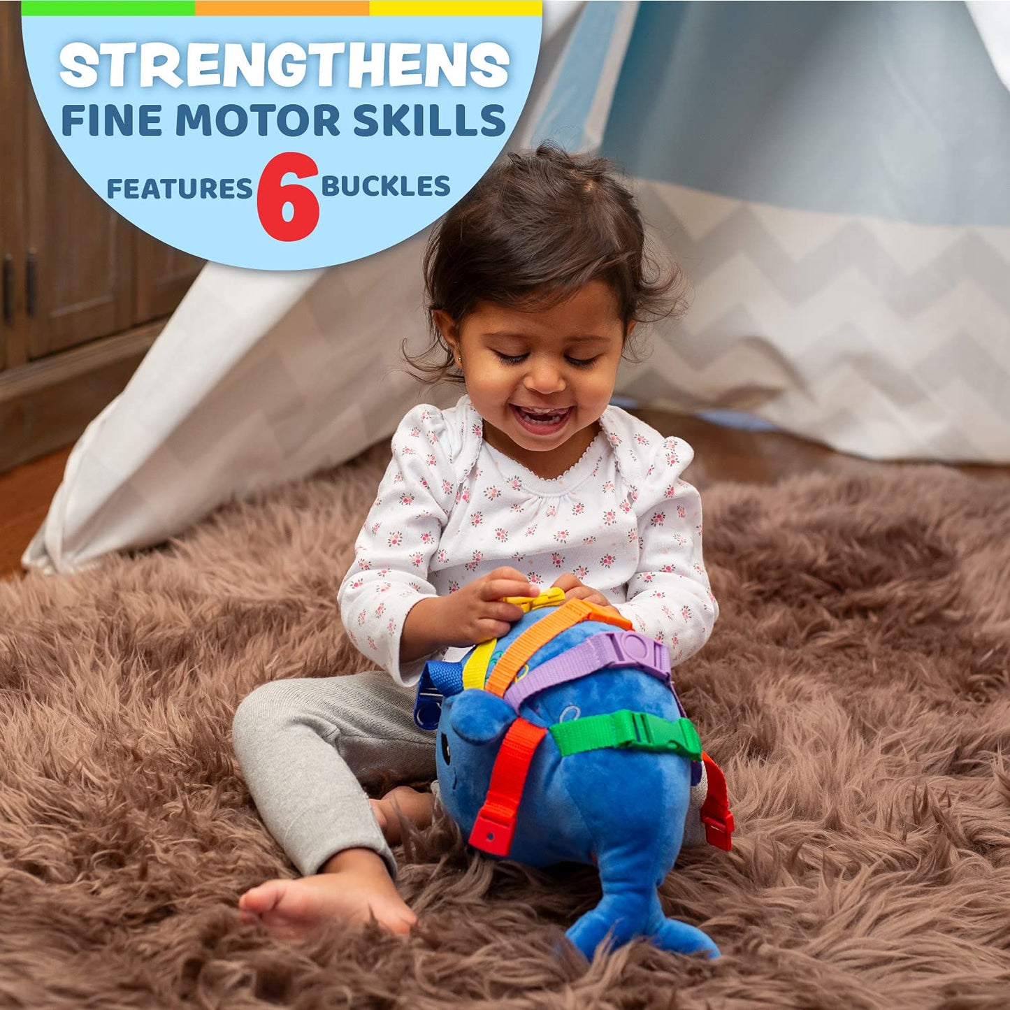 Buckle Toys - Blu Whale - Develop Motor Skills and Problem Solving - Counting and Color Recognition - Easy Travel Toy - Learning Material - Pre K Activity Stuffed Animal