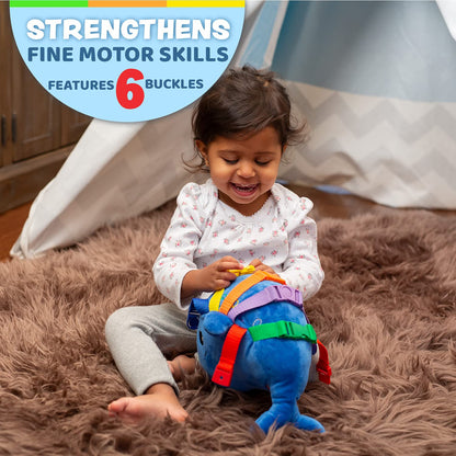 Buckle Toys - Blu Whale - Develop Motor Skills and Problem Solving - Counting and Color Recognition - Easy Travel Toy - Learning Material - Pre K Activity Stuffed Animal