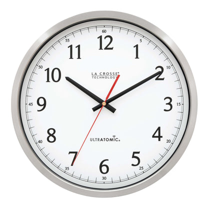 La Crosse Technology 404-1235UA-PL UltrAtomic 14 inch Stainless Steel Wall Clock, Shatterproof Lens, Silver
