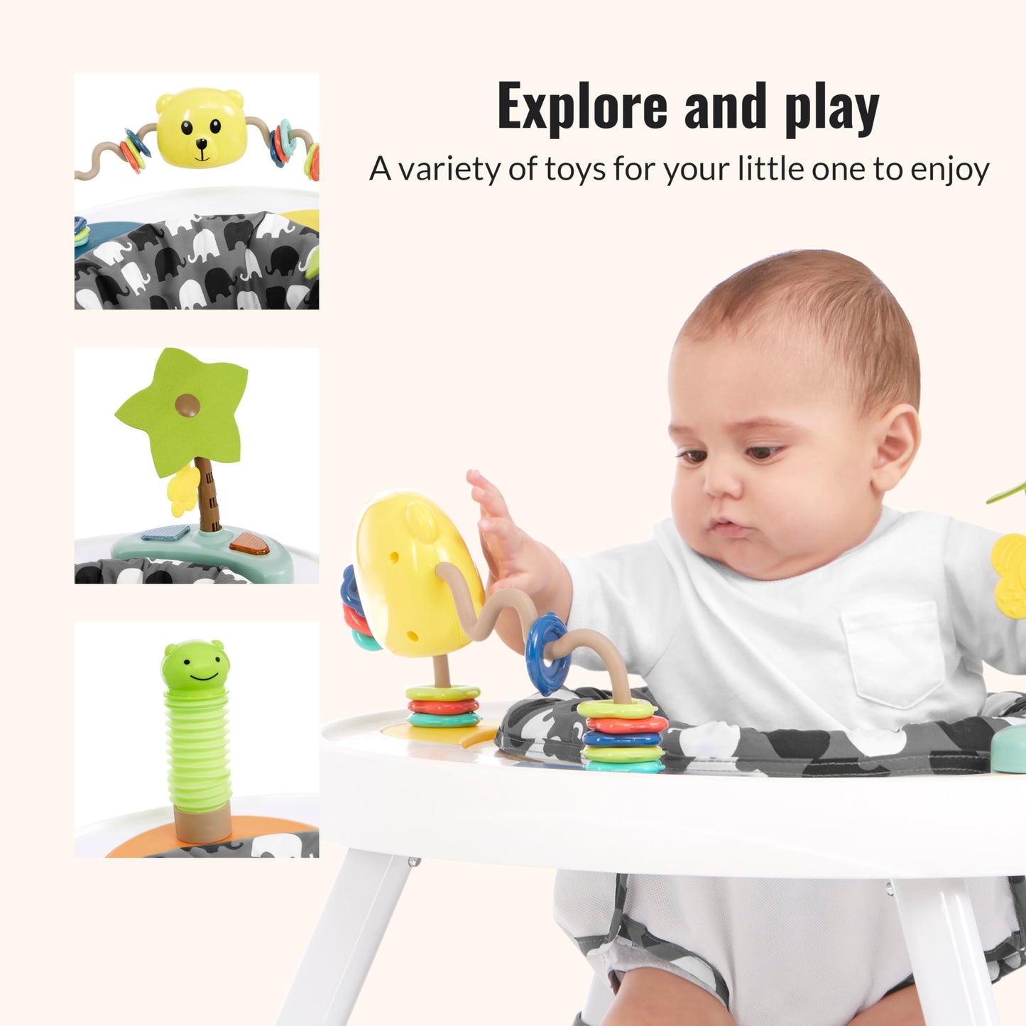 Dream On Me Curio Sit N Seek Baby Activity Center in Grey, 2 in 1 Activity Center and Play Table with 3 Detachable Toys and Music, 3 Level Height Adjustable Positions Activity Center for Baby
