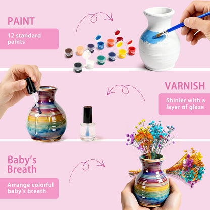 Mini Pottery Wheel for Kids - Pottery Painting Craft Kit with 2.3in Turntable, Clay, Flowers, Mess Free Arts and Crafts for Kid Ages 8-12, Birthday Christmas Gift Toy for Girls Ages 6-12+, Pink