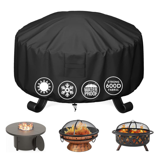 MR. COVER Round Fire Pit Cover 48 Inch, Heavy Duty 600D Waterproof Windproof Fire Pit Table Cover, Rip-Proof Fade Resistant Outdoor Firepit Cover with Straps and Built-in Vents, Black