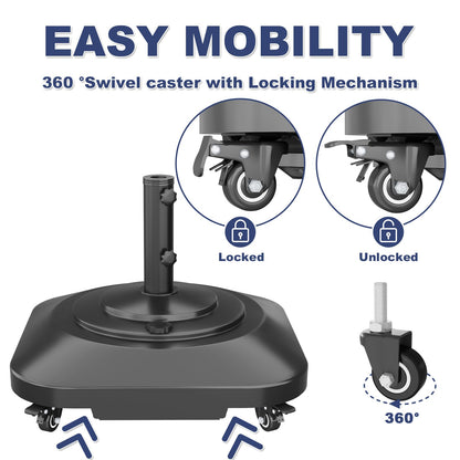 PGGP Patio Umbrella Base Heavy Duty with Wheels, Max 100lb Fillable Umbrella Stand Mobile Square Market Stand, Windproof Outdoor Umbrella Holder for Deck, Poolside, Lawn, Fits Muti Sized Umbrellas