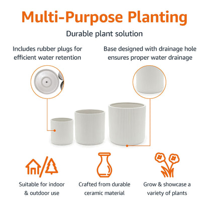 Amazon Basics Assorted Sizes Fluted Ceramic Round Indoor Outdoor Planters with Drainage Hole, Set of 3, Modern Design, 6 inch, 8 inch, 10 inch, White, Succulent Flower Pots