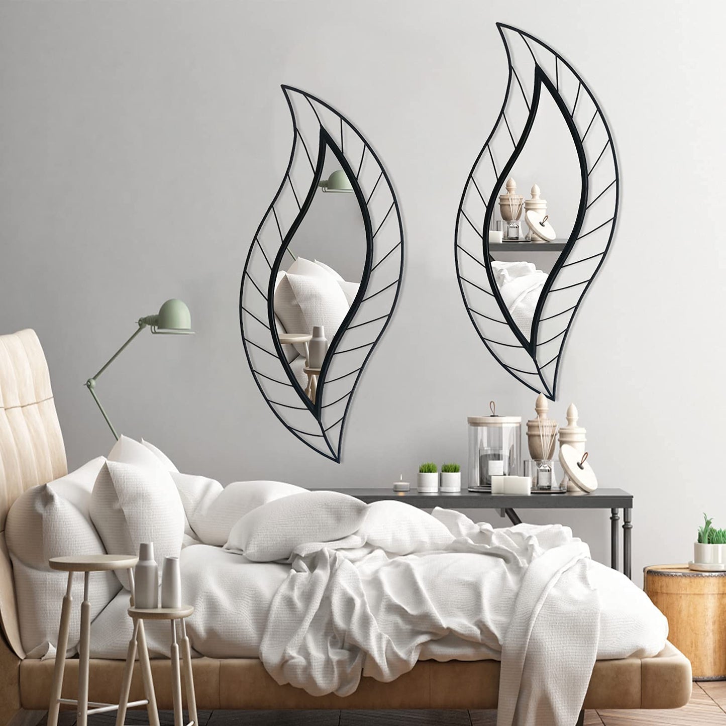 ironsmithn Decorative Wall Mirror, Leaf Teardrop Mirror with Metal Frame, 45" x 18.5" Black Wall Mounted Mirror for Bathroom Vanity Living Room Bedroom Fireplace