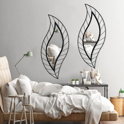 ironsmithn Decorative Wall Mirror, Leaf Teardrop Mirror with Metal Frame, 45" x 18.5" Black Wall Mounted Mirror for Bathroom Vanity Living Room Bedroom Fireplace