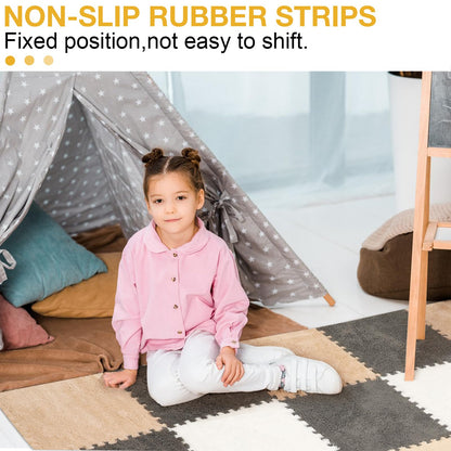 12 Pcs Plush Interlocking Carpet Tiles, Non-Toxic Foam Carpet Tiles for Toddler Baby, Anti-Slip, EVA Foam Interlocking Tiles for Floor, Nursery, Grey White Light Brown