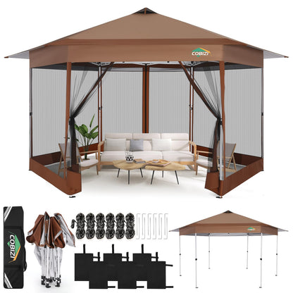 COBIZI 13x13 Pop up Gazebo, Hexagonal Outdoor Canopy Tent with Mosquito Netting, Portable 6-Sided Gazebo Tent, Waterproof, UV Resistant Height for Backyard, Gardens, Patio（Brown）