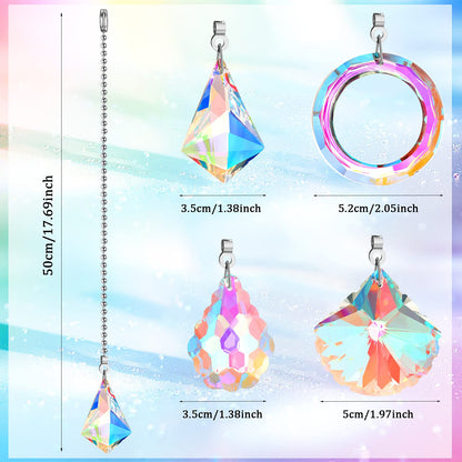 4 Pieces Crystal Ceiling Fan Pull Chain Decorative Rainbow Pull Chain Extension 20 Inch Ceiling Ornament with Ball Connector(Water Drop, Shell, Diamond, Ring)