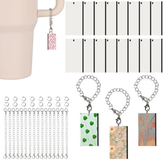 Stanley Cup Charm Accessories for Tumbler Cup - 16Pcs Bulk Set with Keychains, MDF with Chain Jump Ring - DIY Crafts (Rectangle)