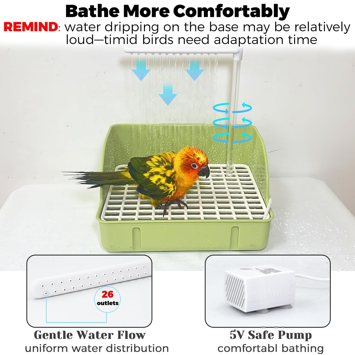 Automatic Parakeet Bird Bath with Pump, Large Bird Shower Fountain Indoor Bathtub with Running Water, Parrot Bath Tub Faucet for Pet Birds, African Grey, Cockatiel, Conure, Budgie, Lovebird