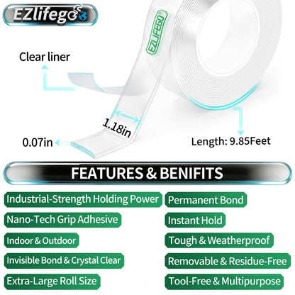 EZlifego Double Sided Tape Heavy Duty, Nano Double Sided Adhesive Tape, Clear Mounting Tape Picture Hanging Adhesive Strips (9.85FT)