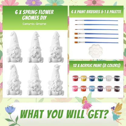 Arrowbash 6 Pcs Summer Ceramics to Paint Ready to Paint Your Own Gnome Statues 5.12 Inch Flowers Theme Paintable Figurines for Adults DIY Unpainted Ceramics Art Crafts with Brush Palette