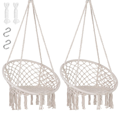 SUNCREAT Hammock Chair Macrame Swing with Side Pocket, Hanging Cotton Rope Hammock Swing Chair for Indoor and Outdoor Use, 330 lbs Capacity, Pack of 2, Beige