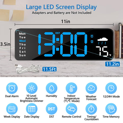 Digital Wall Clock with Remote Control, Large Display Plug in LED Digital Alarm Clocks with 12/24Hr, Date, Week, DST, Timing, Countdown, Temperature for Living Room, Bedroom, Office Wall Decor (Blue)