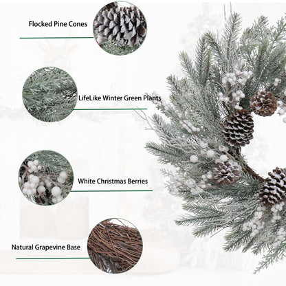 Christmas Wreath for Front Door 26" Large White Xmas Wreath with Frosted Pinecone Berries Battery Operated LED Wreath for Christmas Outdoor Window Fireplaces Walls Home Winter Decor, Briful