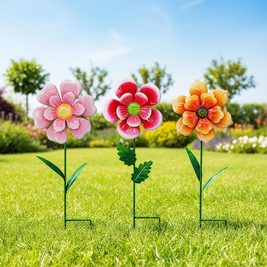 3pcs Flowers Yard Wind Spinners Outdoor Decoration Stakes Lawn Ornaments, Lawn Decorations Garden Stakes, Metal Outside Decorations for Metal Yard Art Flower Garden Decor, Spring Mom Gifts
