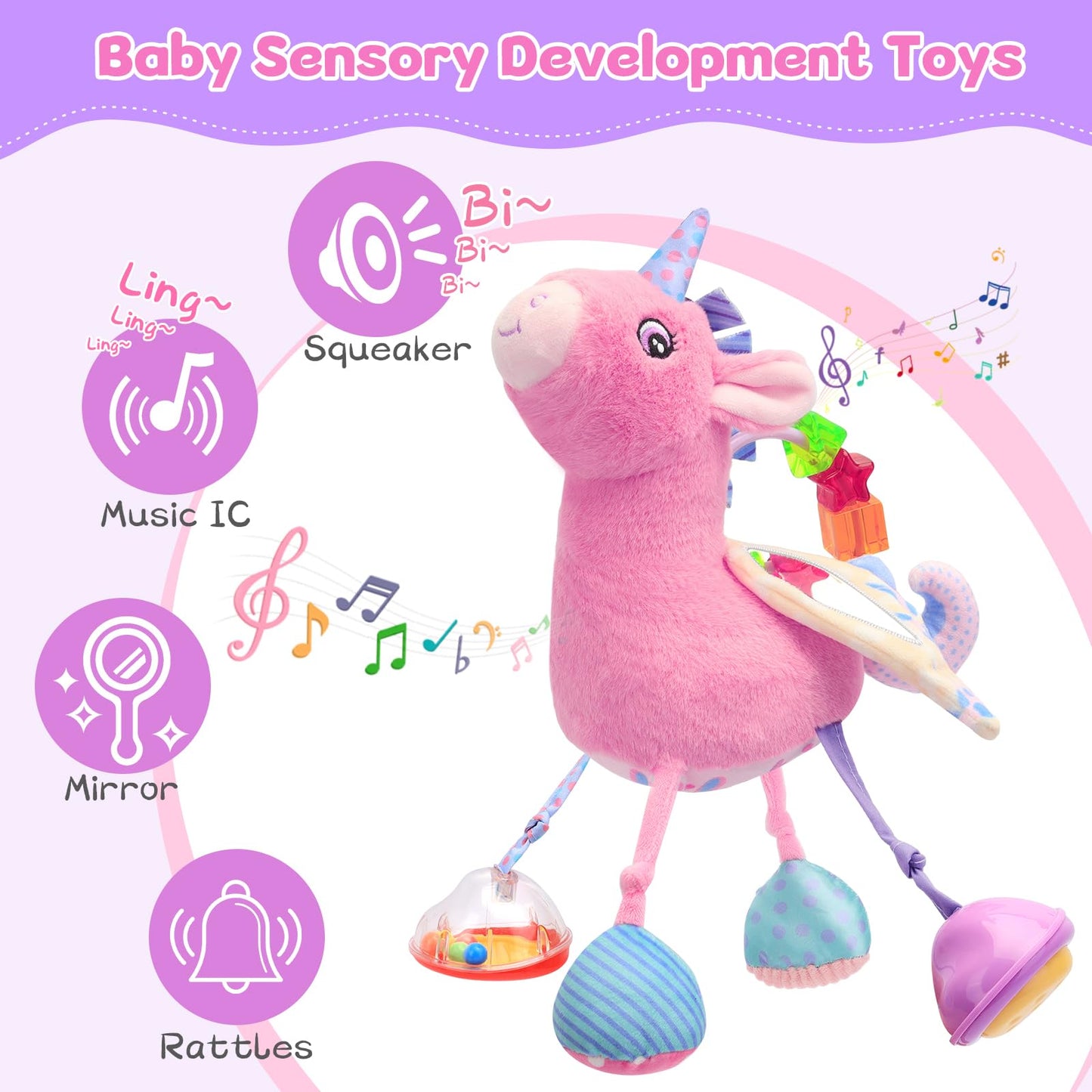 MPQMPQ Car Seat & Stroller Toy for Girl - Musical Sensory Plush with Rattle & Mirror Baby Toys 0-12 Months Hanging Travel Carseat Toys Soft Squeaky Stuffed Animal Unicorn for Babies Gifts