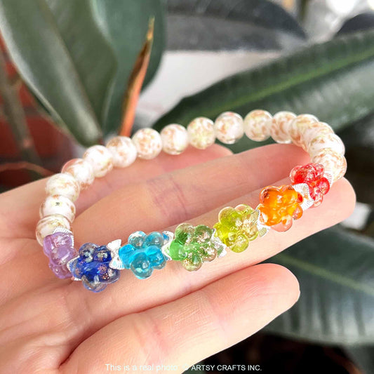 ARTSY Crafts Glow in the Dark Firefly Beads Bracelet for Women, Luminous Glass Beads Healing Crystal Glowing Beaded Bracelets, Mermaid Bracelet Stretch Bangle Wristband (Chakra White)