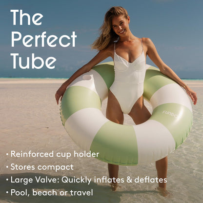 FUNBOY Giant Vintage Green Stripe Inflatable Tube Pool Float with Cup Holder 48" | Large Pool Float for Adults | Inner Tube Swimming Pool Toys Swim Rings | Pool Lounger Float for Pool Party & Summer