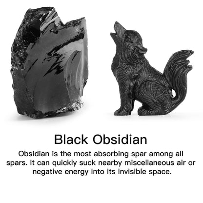 LEADGEM 2.0" Black Obsidian Big Tail Wolf Figurine Healing Crystal Stone Statue Carved Sculpture Paperweight Ornaments Fengshui Home Office Decor Gifts
