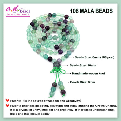 AD Beads 6mm 108 Prayer Mala Fluorite Elastic Bracelet - Wisdom and Creativity - Handmade Yoga Meditation Healing Power Energy Gifts for Unisex Adult.