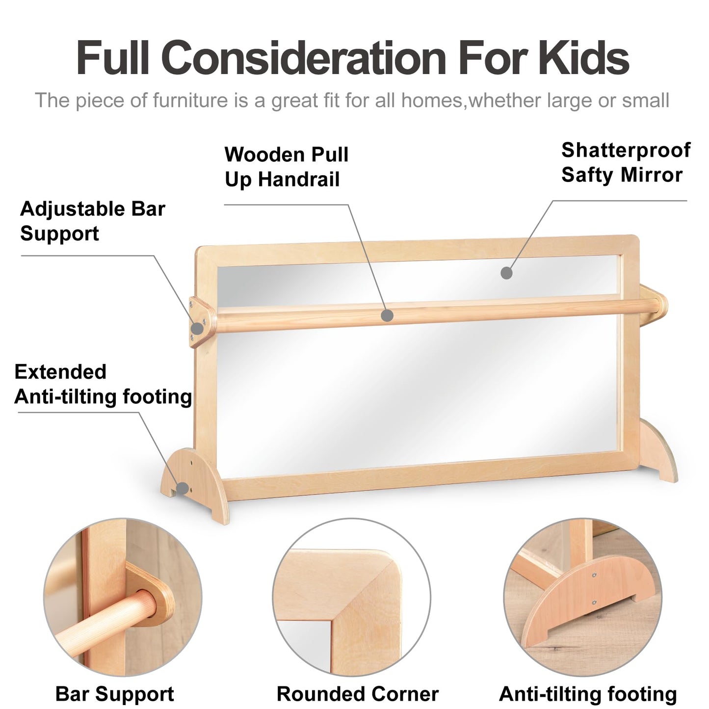 KRAND 3-Position Montessori Wood Frame Non-Shatter Safety Pull Up Bar Baby Big Mirror Set, Infant Coordination Mirror, Kids Classroom Furniture for Daycare, Homeschool or Preschool